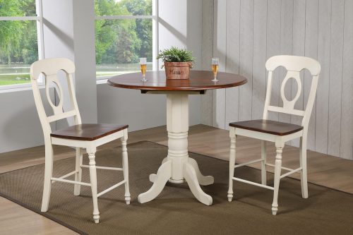 Andrews Dining - 3-piece dining set - Pub height dining table with two Napoleon stools finised in antique white with Chestnut top and seats dining room setting DLU-ADW4242CB-B50-AW3PC
