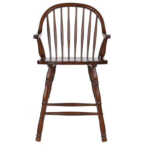 Andrews Dining - Windsor counter height stool with arms - finished in distressed chestnut - front view DLU-ADW-B3024A-CT-2