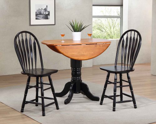 Black Cherry Selections - 3-piece dining set - Round drop leaf pub table with two Arrow-back swivel stools finished in antique black with cherry top - dining room setting DLU-TPD4242CB-B24-AB3PC