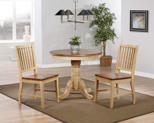 Brook Dining - 3-piece dining set - Round dining table with two slat back chairs finished in creamy wheat with pecan top and seats - dining room setting DLU-BR3636-C60-PW3PC