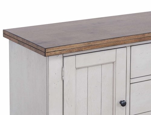 Country Grove Collection - Buffet in distressed gray and brown - detail of top and doors DLU-CG-BUF-GO