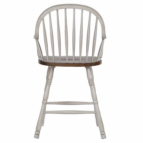 Country Grove Collection - Windsor Counter height stools with arms in distressed gray finish and Oak seat - back view - DLU-CG-B3024A-GO-2