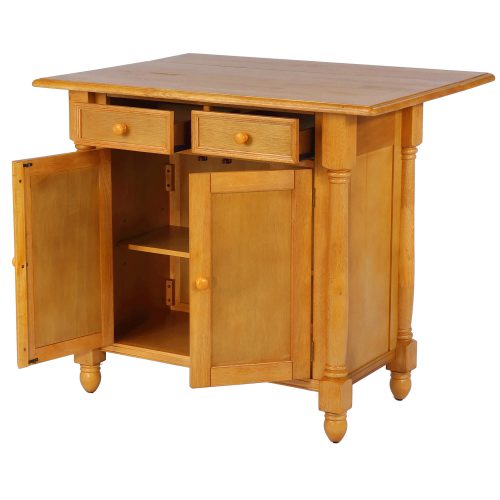 Kitchen Island with a drop leaf in light-oak finish - drawers and doors open - DLU-KI-4222-LO
