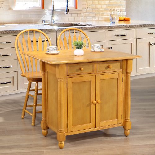 Kitchen Island with a drop leaf in light-oak finish with matching Windsor stools - kitchen setting - DLU-KI-4222-B24-LO3PC