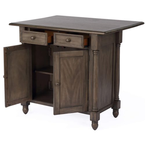 Shades of Gray Collection - kitchen island with drop leaf - three-quarter view drawers and doors open - DLU-KI-4222-AG