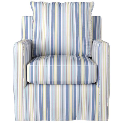 Slipcovered swivel chair with box cushion and track arm - front view in seaside beach striped SU-159593-395245
