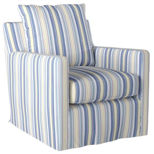 Slipcovered swivel chair with box cushion and track arm - three-quarter view in seaside beach striped SU-159593-395245