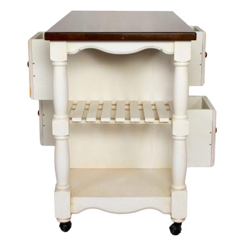 Andrews Kitchen Cart on casters in distressed white - side view showing storage shelves - DCY-CRT-03-AW