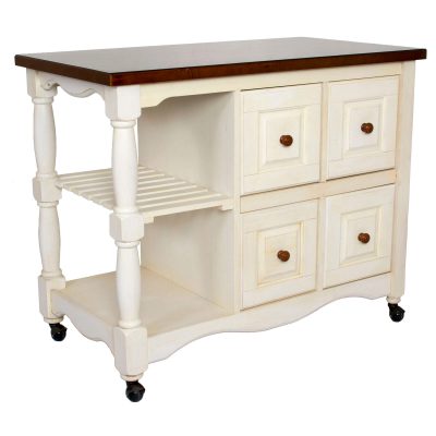Andrews Kitchen Cart on casters in distressed white - three-quarter view - DCY-CRT-03-AW