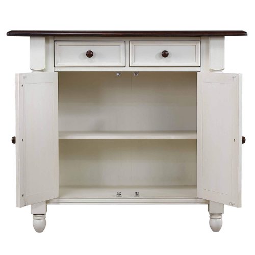 Andrews kitchen island in Antique white with a Chestnut top - cabinet doors open - DLU-KI4222-AW
