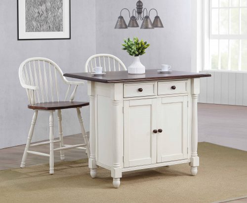 Andrews kitchen island with matching stools in Antique white with a Chestnut top - kitchen setting - DLU-KI4222-AW