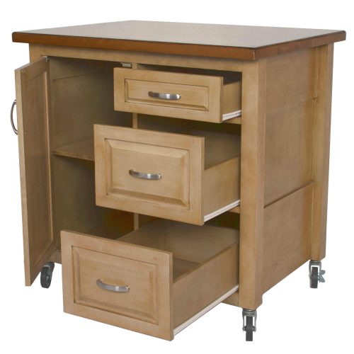 Brook Kitchen Cart with casters - distressed pecan - drawers open - PK-CRT-04-PW