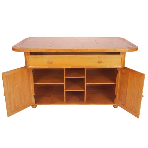 Kitchen Island - Light Oak finish with a Rose tile top - drawer and doors open - CY-KITT02-LO
