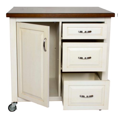 Andrews Kitchen Cart with casters in distressed white - drawers open - PK-CRT-04-AW