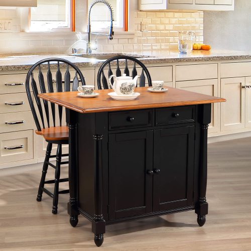 Kitchen Island with Drop Leaf and matching stools - Antique Black and Cherry Top - kitchen setting - DLU-KI-4222-B24-BCH3PC