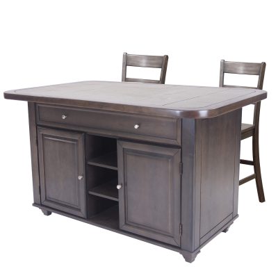 Kitchen island with matching stools in Antique Gray finish with grey tile top - three-quarter view - CY-KITT02-B200-AG3PC