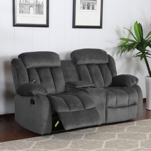 Madison Collection - Reclining loveseat shown in Charcoal - living room setting - three-quarter view in partial recline - SU-ZY550-206