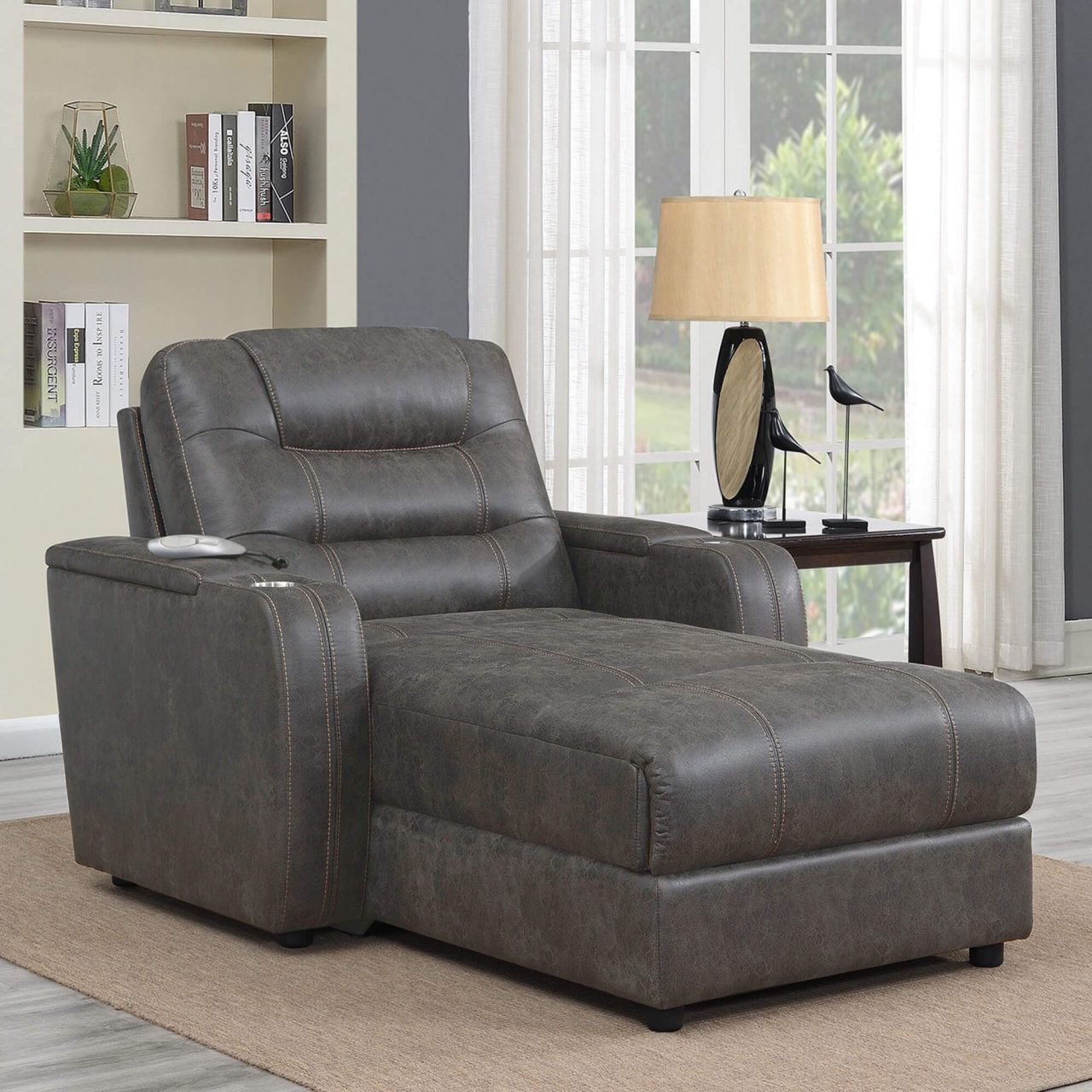 Reclining Power Chaise with Storage Arms, Phone Charger, & Cupholder