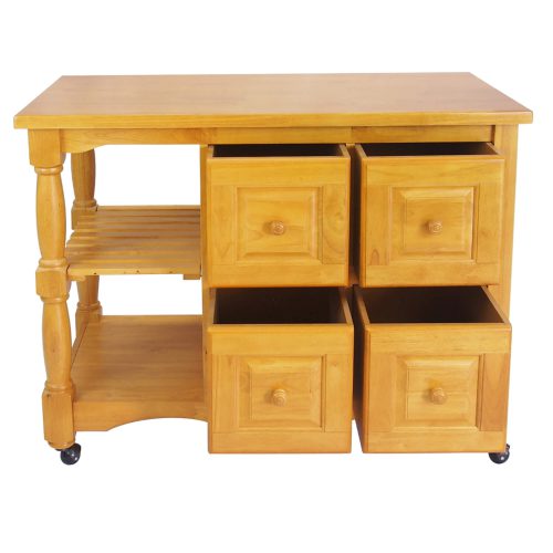 Regal kitchen cart on casters with light oak finish - front view with drawers open - DCY-CRT-03-LO