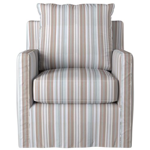 Slipcovered swivel chair with box cushion and track arm - front view in Seaside Blue Striped SU-159593-395225