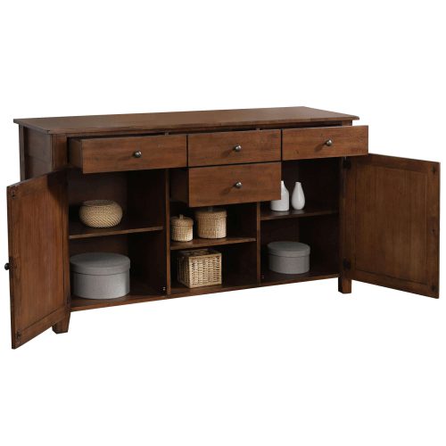 Amish Dining Collection - Sideboard server in dark-Oak finish three-quarter view with doors and drawers open DLU-BR-SB-AM