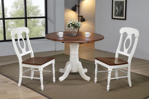Andrews Dining - 3-piece dining set - Round dining table with drop leaf and two Napoleon chairs - finished in antique white with Chestnut top and seats dining room setting DLU-ADW4242-C50-AW3PC
