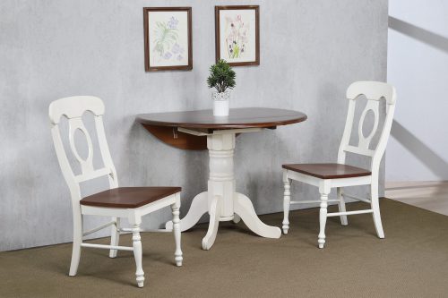 Andrews Dining - 3-piece dining set - Round dining table with drop leaf and two Napoleon chairs - finished in antique white with Chestnut top and seats dining room wall setting DLU-ADW4242-C50-AW3PC