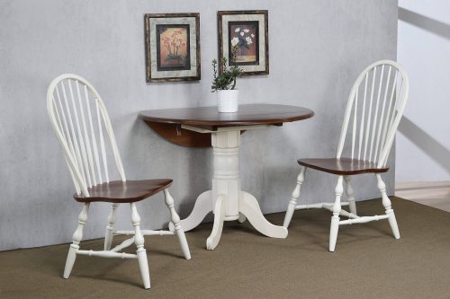 Andrews Dining - 3-piece dining set - Round dining table with drop leaf and two Spindle-back chairs - finished in antique white with Chestnut top and seats dining room wall setting DLU-ADW4242-C30-AW3PC