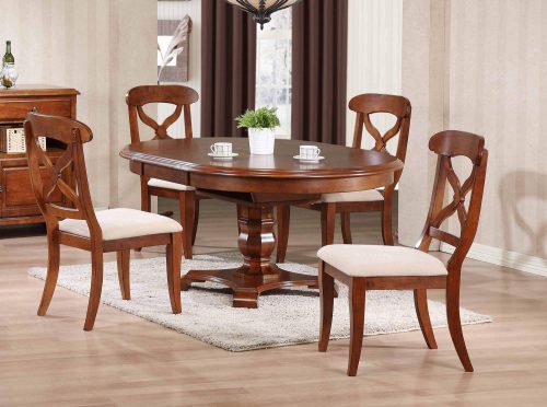 Andrews Dining 5-piece dining set - Butterfly leaf dining table with four upholstered criss-cross chairs finished in distressed Chestnut dining room setting DLU-ADW4866-C12-CT5PC
