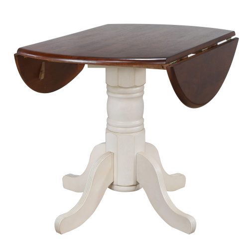 Andrews Dining Round drop leaf table finished in antique white with chestnut top - leaves down DLU-ADW4242-AW