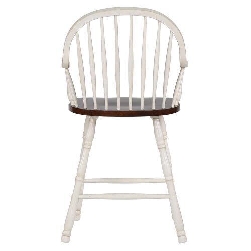 Andrews Dining - Windsor counter height stool with arms - finished in antique white with chestnut seat - back view DLU-ADW-B3024A-AW-2