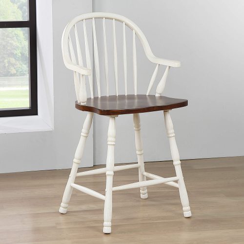 Andrews Dining - Windsor counter height stool with arms - finished in antique white with chestnut seat - dining room setting DLU-ADW-B3024A-AW-2