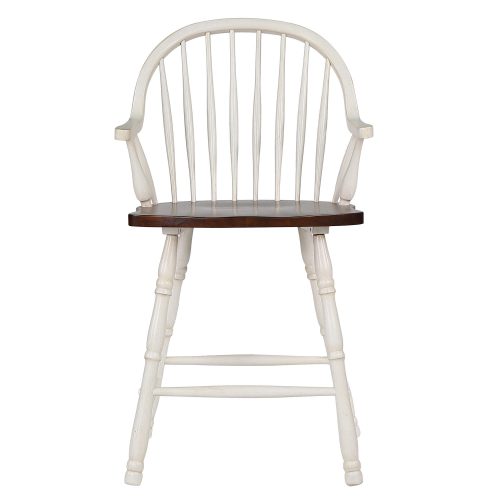 Andrews Dining - Windsor counter height stool with arms - finished in antique white with chestnut seat - front view DLU-ADW-B3024A-AW-2