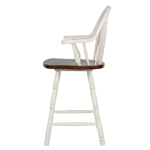 Andrews Dining - Windsor counter height stool with arms - finished in antique white with chestnut seat - left side view DLU-ADW-B3024A-AW-2