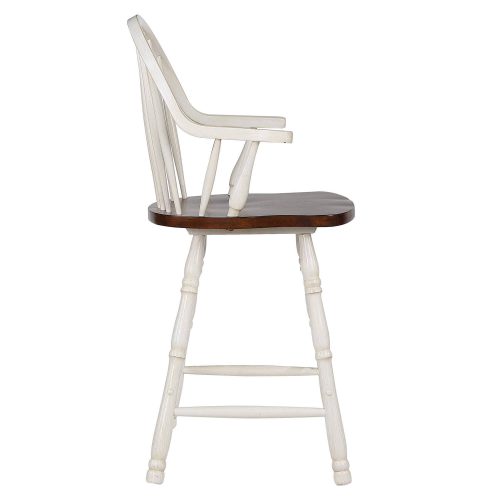Andrews Dining - Windsor counter height stool with arms - finished in antique white with chestnut seat - side view DLU-ADW-B3024A-AW-2