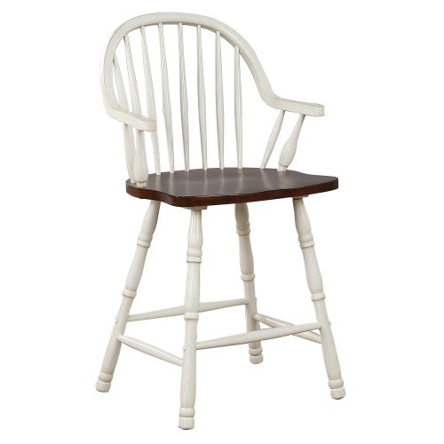 Andrews Dining - Windsor counter height stool with arms - finished in antique white with chestnut seat - three-quarter view DLU-ADW-B3024A-AW-2