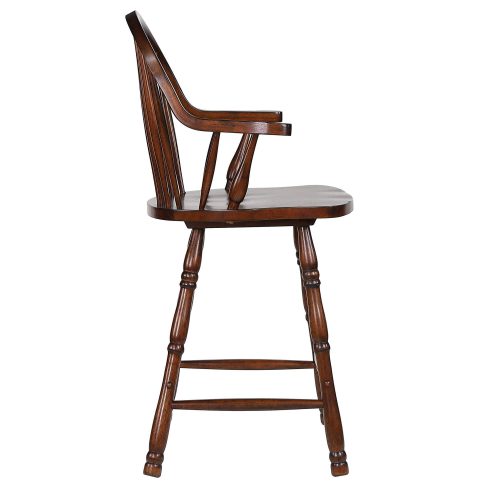 Andrews Dining - Windsor counter height stool with arms - finished in distressed chestnut - side view DLU-ADW-B3024A-CT-2
