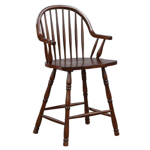 Andrews Dining - Windsor counter height stool with arms - finished in distressed chestnut - three-quarter view DLU-ADW-B3024A-CT-2