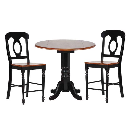 Black Cherry Selections - 3-piece dining set - Round drop leaf pub table with two Napoleon stools finished in antique black with cherry top and seats DLU-TPD4242CB-B50-BCH3PC
