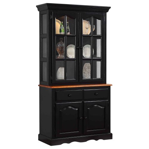 Black Cherry Selections - Keepsake Buffet and lighted hutch in Antique black with Cherry accents three-quarter view DLU-19-BH-BCH