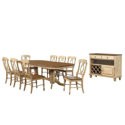 Brook Dining 10-piece dining set - Extendable pedestal table with eight ​Napoleon chairs and server - finished in creamy wheat with Pecan tops - seats and accents DLU-BR4296-C50-SRPW10P