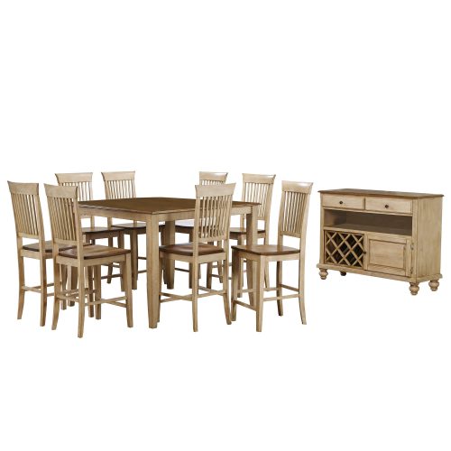 Brook Dining 10-piece dining set - Square Gathering pub table with eight fancy slat stools and server - Finished in creamy wheat with Pecan top and seats DLU-BR4848CB-B70-SRPW10PC