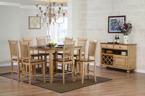 Brook Dining 10-piece dining set - Square Gathering pub table with eight fancy slat stools and server - Finished in creamy wheat with Pecan top and seats dining room setting DLU-BR4848CB-B70-SRPW10PC