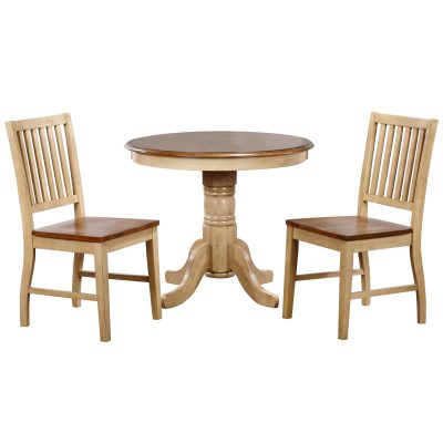 Brook Dining - 3-piece dining set - Round dining table with two slat back chairs finished in creamy wheat with pecan top and seats DLU-BR3636-C60-PW3PC