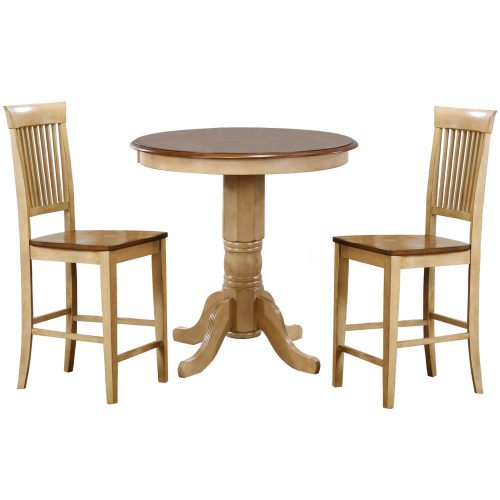Brook Dining - 3-piece dining set - round pub height dining table with two Fancy Slat stools finished in creamy wheat with a Pecan top and seats DLU-BR3636CB-B70-PW3PC