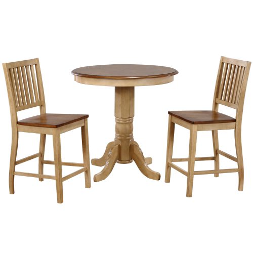 Brook Dining - 3-piece dining set - round pub height dining table with two Slat-back stools finished in creamy wheat with a Pecan top and seats DLU-BR3636CB-B60-PW3PC