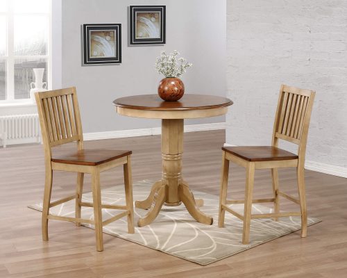 Brook Dining - 3-piece dining set - round pub height dining table with two Slat-back stools finished in creamy wheat with a Pecan top and seats - dining room setting DLU-BR3636CB-B60-PW3PC