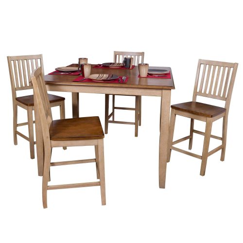 Brook Dining 5-piece dining set - Square pub table - four slat-back stools - Finished in creamy wheat with Pecan top and seats DLU-BR4848CB-B60-PW5PC