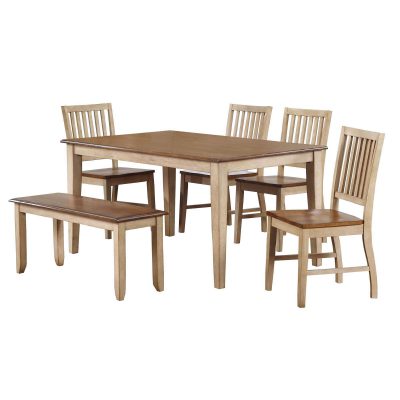 Brook Dining - 6-piece dining set - Rectangular dining table with four slat-back chairs and a dining bench - Finished in creamy wheat with a Pecan top and seats DLU-BR3660-C60-BNPW6PC