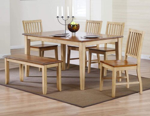 Brook Dining - 6-piece dining set - Rectangular dining table with four slat-back chairs and a dining bench - Finished in creamy wheat with a Pecan top and seats dining room setting DLU-BR3660-C60-BNPW6PC